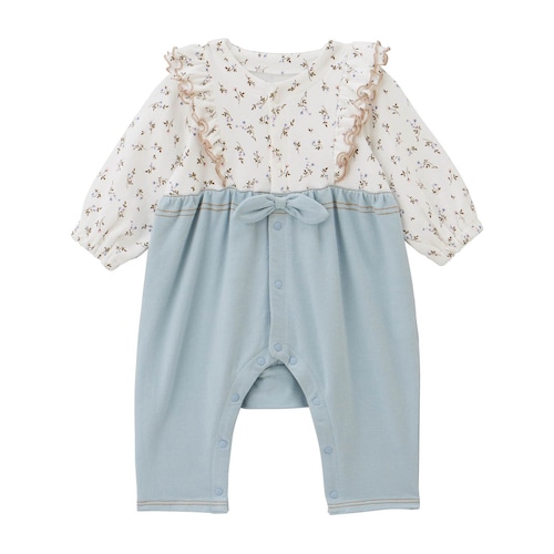 肩フリルハイウエスト風前開きカエルロンパース 【ベビー服 長袖】