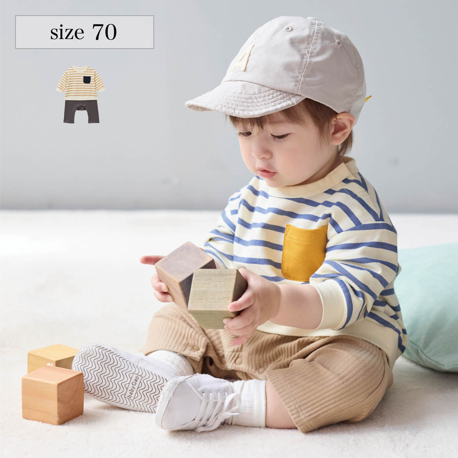 【ベルメゾン】配色違いの胸ポケットがかわいいボーダーカエルロンパース 【ベビー服 長袖】