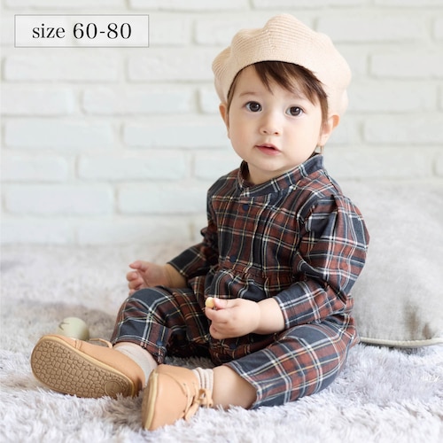 胸元タック長袖前開きカエルロンパース 【ベビー服】