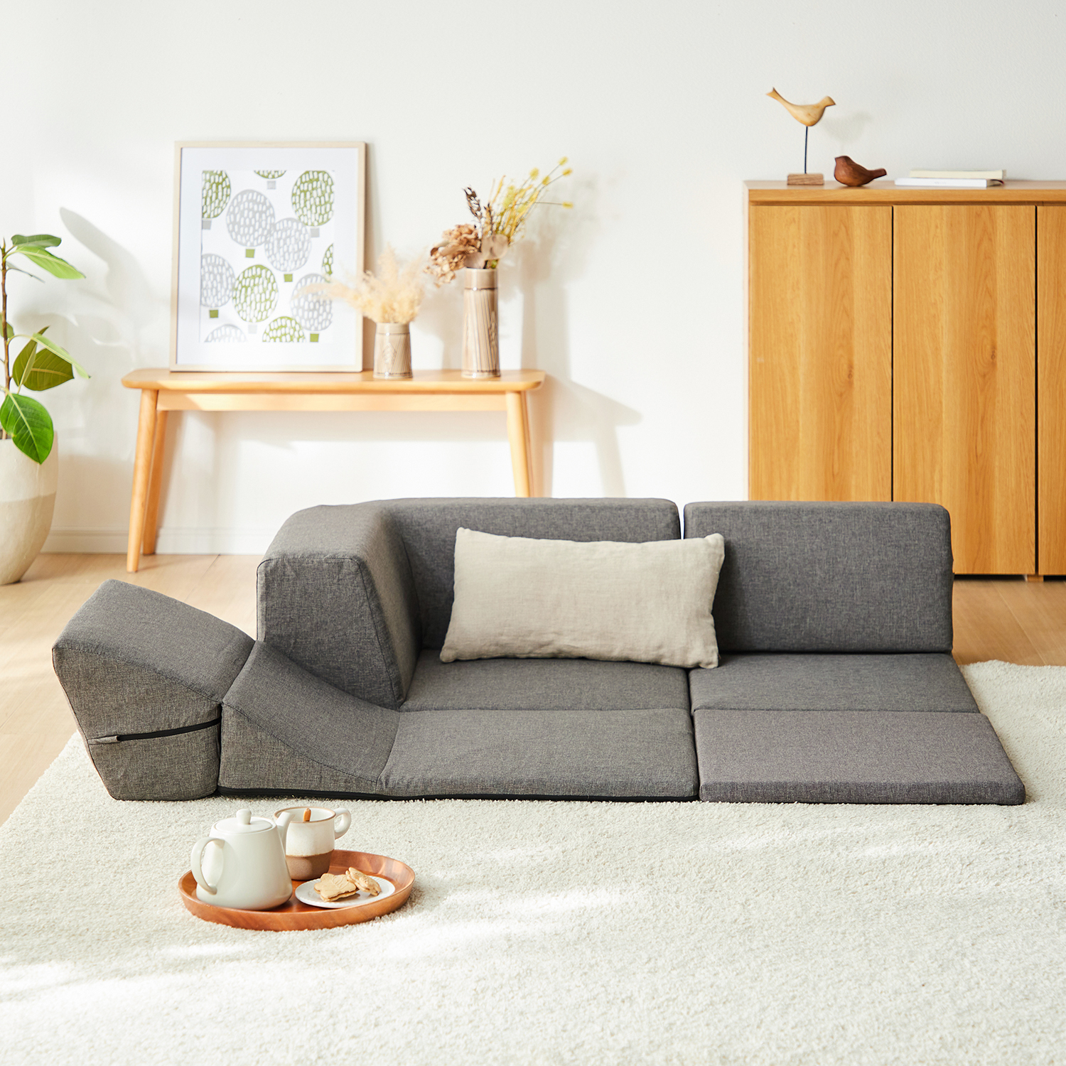 【ベルメゾン】背面を倒してくつろげるラグ付きコーナーローソファ―セット [日本製]