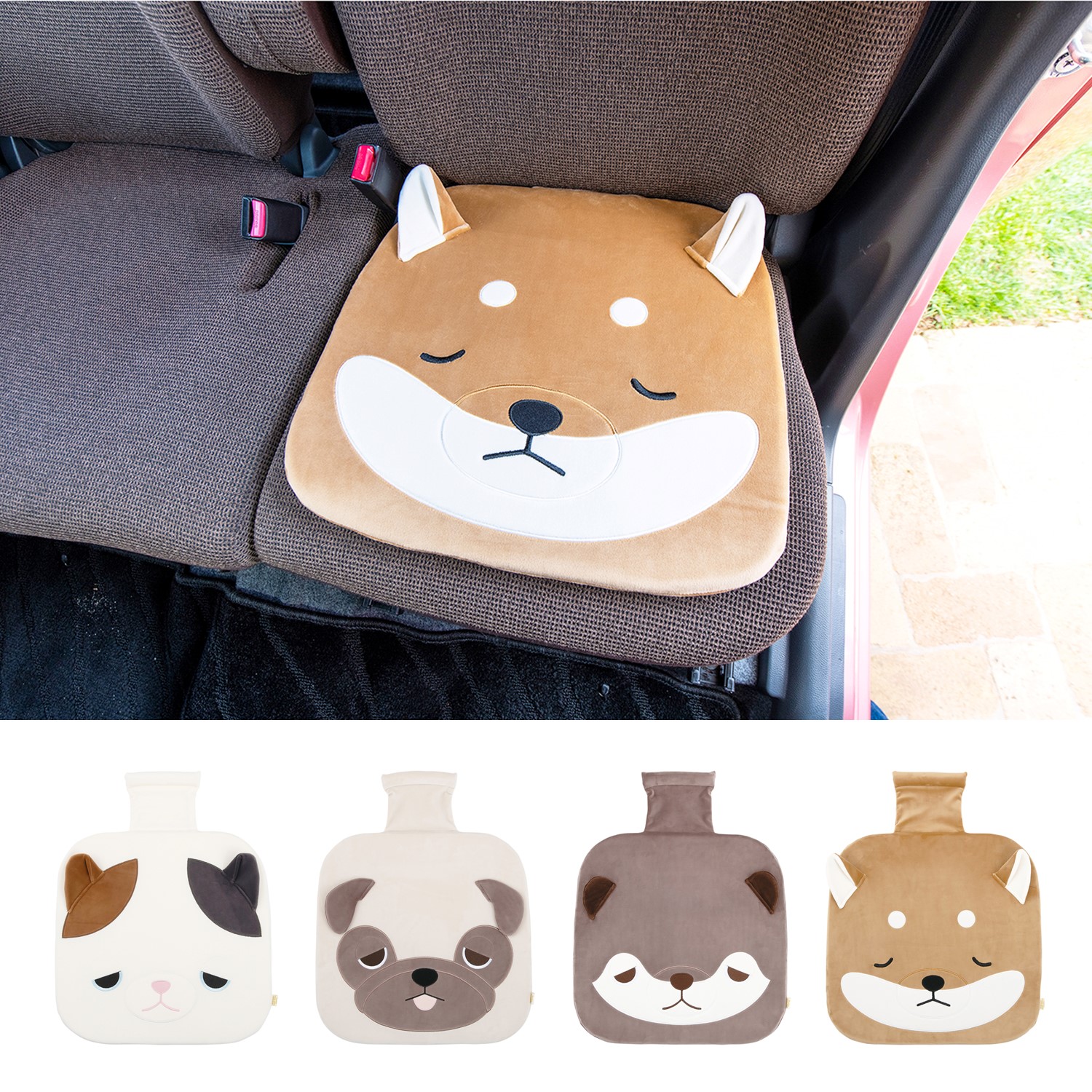 【ねむねむ】車内で快眠!低反発・ずれ防止固定バー付きカーシートクッション(三毛猫・パグ・カワウソ・柴犬)