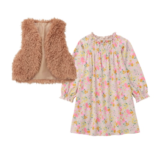 親子でリンクエコファーベスト＆襟フリルワンピースセット 【子供服】