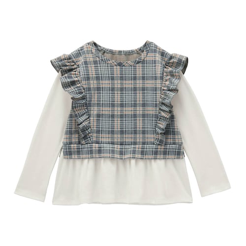 肩フリルチェックカットジャカードレイヤード風プルオーバー 【子供服 長袖】