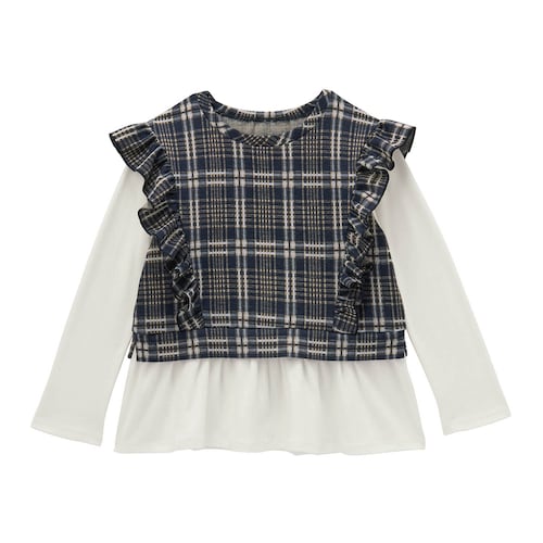 肩フリルチェックカットジャカードレイヤード風プルオーバー 【子供服 長袖】