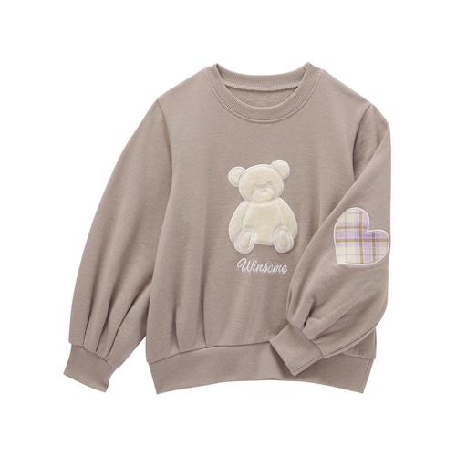 ハートチェックひじパッチふわクマアップリケ裏起毛プルオーバー 【子供服 長袖】