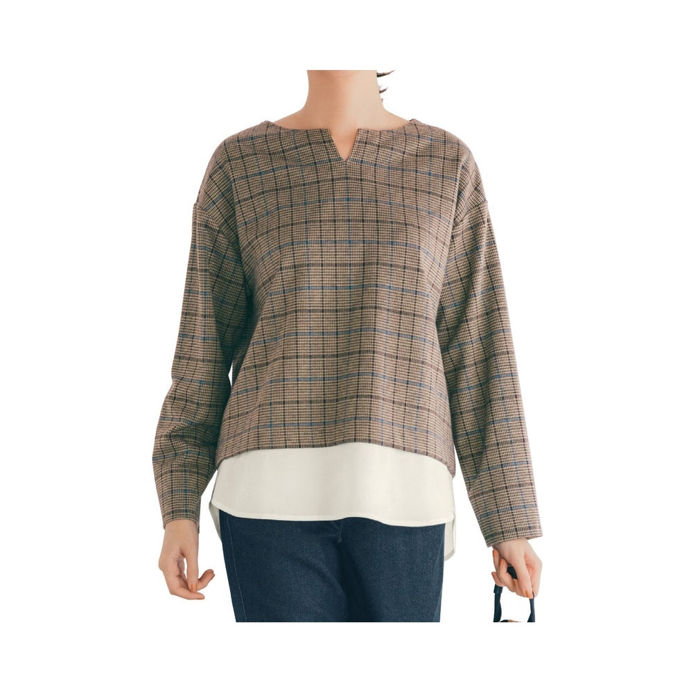 【ラ・フィット/la*fite】レイヤード風チェックジャカードカットソー (LL~5L)