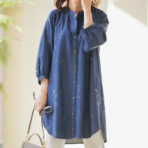 綿デニム刺しゅうロングブラウスワンピース