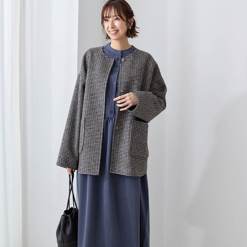 モデル身長169cm／M　ライトグレーチェック側着用