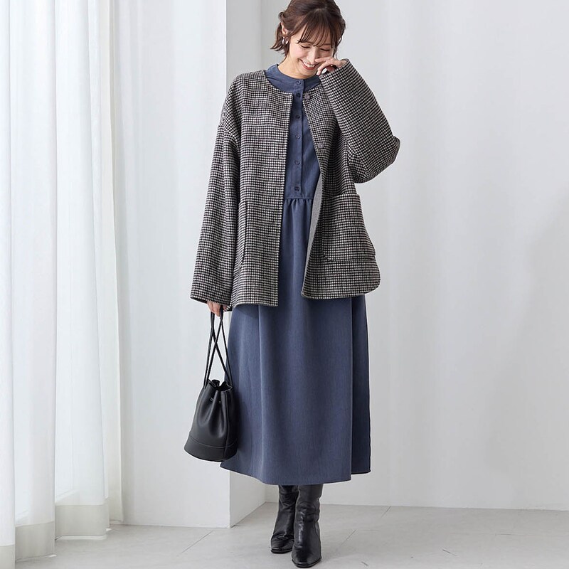 モデル身長169cm／M　ライトグレーチェック側着用