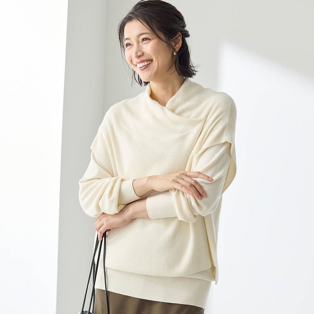 【2点セット】トップス/ベスト▼トップス・シンプルで着回しやすいサイズ感のニットトップス・ウールタッチの柔らかな素材・程よい開きのVネックで顔まわりすっきり▼ベスト・カシュクール風の襟元が印象的なベス