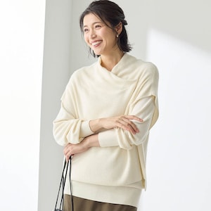 【2点セット】トップス/ベスト▼トップス・シンプルで着回しやすいサイズ感のニットトップス・ウールタッチの柔らかな素材・程よい開きのVネックで顔まわりすっきり▼ベスト・カシュクール風の襟元が印象的なベス