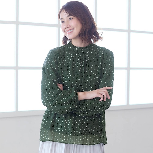 【新色追加】 あったか裏カットソー付きスタンドネックブラウス【吸湿発熱】