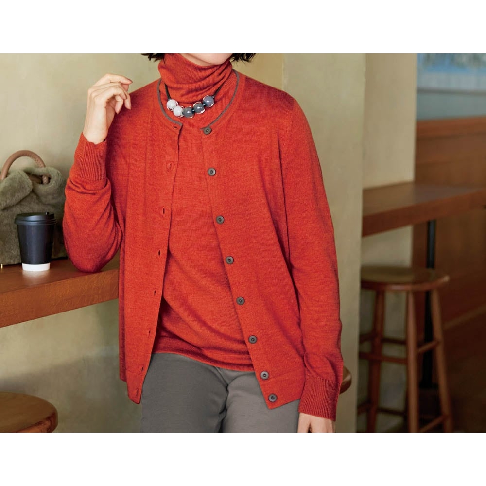 【ベルメゾン】メリノウール配色丸首カーディガン 【ふんわりやわらかい肌触り】