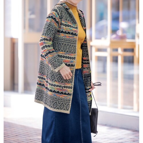 総柄着流しフード付きカーディガン