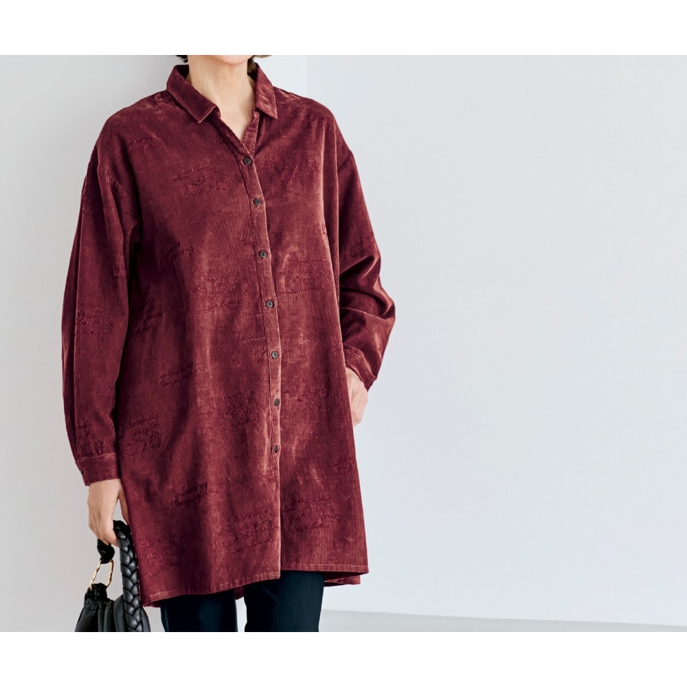 【ベルメゾン】コーデュロイ英字刺繍シャツチュニック