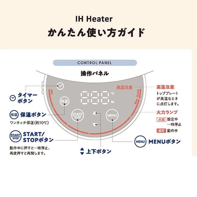 タッチ式操作パネルで、温度コントロールも簡単。作りたい料理に合わせて選べる３種類の調理メニュー
