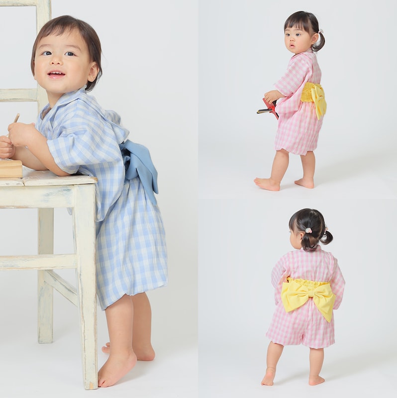 左）サックスチェック／78cm・80サイズ、右）ピンクチェック／80cm・80サイズ