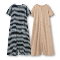 ネイビー×オフホワイトボーダー＆ベージュ系花柄（半袖＆半袖）