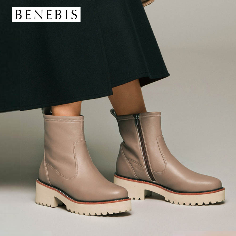 【ベネビス/BENEBIS】本革ラムソフトショートブーツ【軽量厚底】