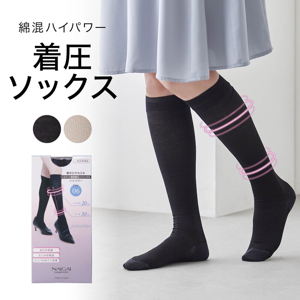 【ナイガイコンフォート/NAIGAI COMFORT】履き口やわらかシルケット綿混着圧ハイソックス(ハイパワー)