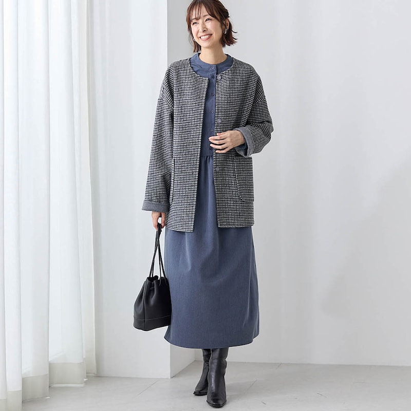 モデル身長169cm／M ※写真は撮影用のため着丈+9cmになります。ワンピースのみ着用。