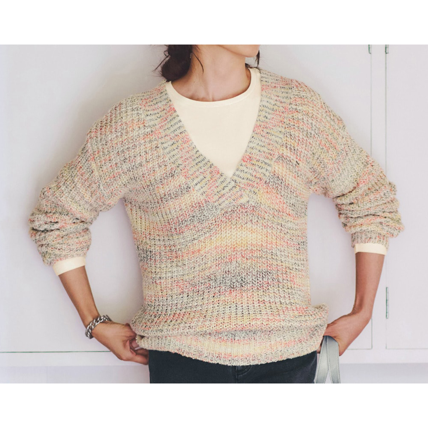 【ラ・フィット/la*fite】ミックスカラー深Vネックニット (M~6L)