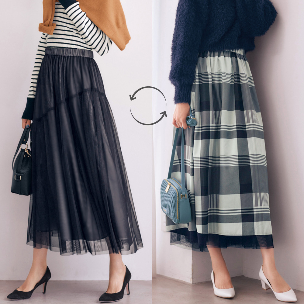 【エスエヌ バイ スタイルノート/SN by StyleNote】チュール×チェックリバーシブルスカート