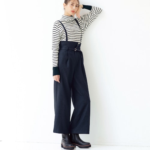サスペンダー付きウエスト折り返しワイドパンツ