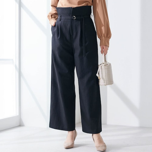 サスペンダー付きウエスト折り返しワイドパンツ