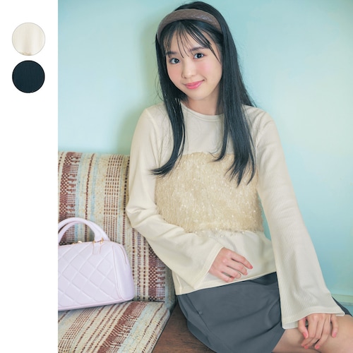 フェザー風ヤーンベアビスチェドッキング綿混リブフレアスリーブプルオーバー 【子供服 長袖】
