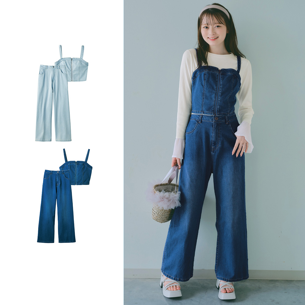 【パペル ラピス/Papel lapiz】ご好評につき新色ブルー入荷/ フロントジップビスチェ & ワイドパンツ3WAYデニムセット(ウエスト調節可) 【子供服】