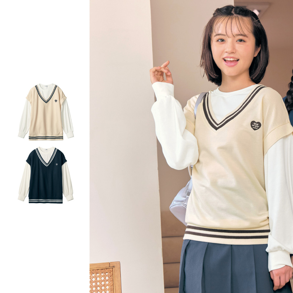 【パペル ラピス/Papel lapiz】ライン入りVネックベストレイヤード風プルオーバー 【子供服 長袖】