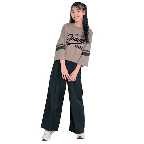 フロッキープリント袖ライン裾ゴム綿素材七分袖タフＴシャツ 【子供服】