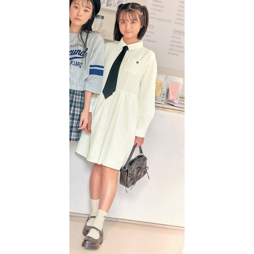 取り外しできるタイ付きタックシャツワンピース 【子供服 長袖】