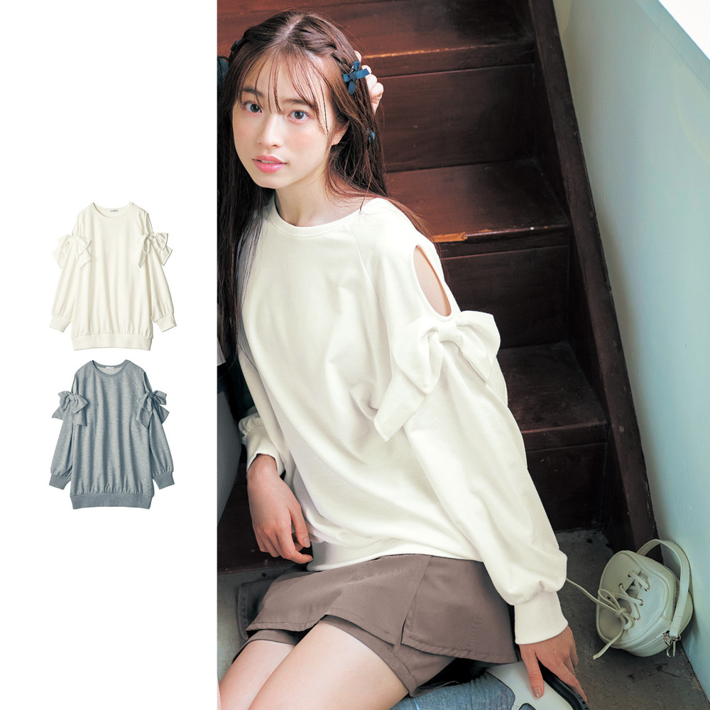 【パペル ラピス/Papel lapiz】オープンショルダービッグリボンミニ裏毛プルオーバー 【子供服 長袖】 【パペル ラピス/Papel lapiz】オープンショルダービッグリボンミニ裏毛プルオーバー 【子供服 長袖】