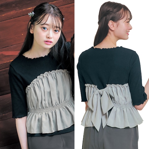 バックリボンシアービスチェドッキングメロウ綿混リブ五分袖プルオーバー 【子供服】