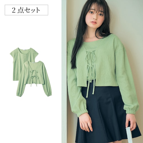 ぽこぽこふくれシャーリングリボンボレロ＆フレンチスリーブＴシャツセット 【子供服】