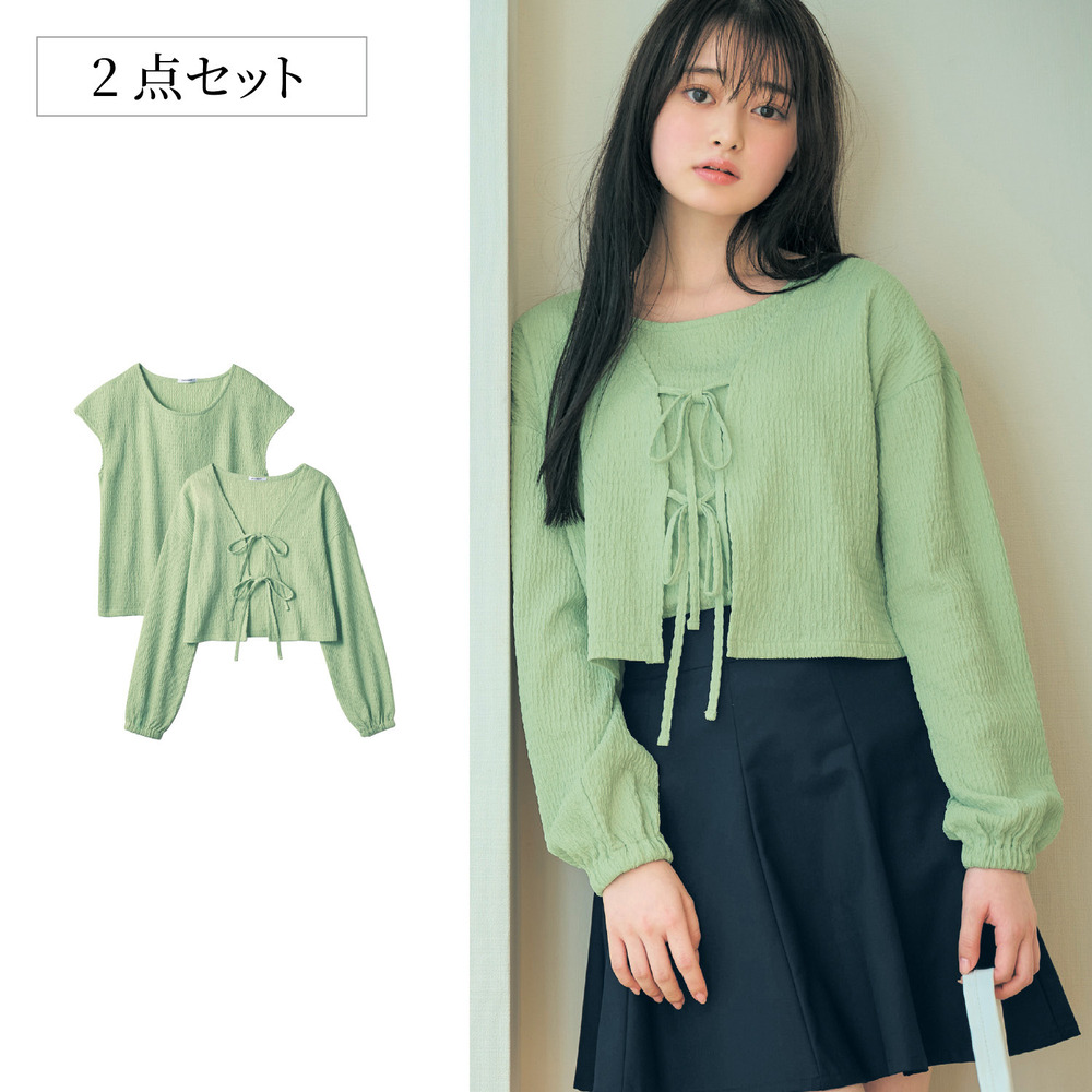 【パペル ラピス/Papel lapiz】ぽこぽこふくれシャーリングリボンボレロ & フレンチスリーブTシャツセット 【子供服】 【パペル ラピス/Papel lapiz】ぽこぽこふくれシャーリングリボンボレロ & フレンチスリーブTシャツセット 【子供服】