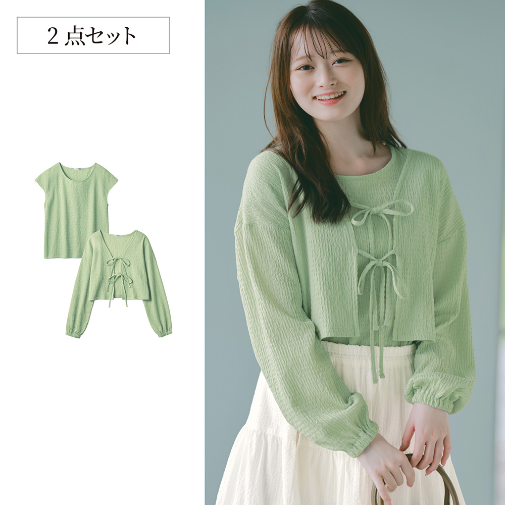 ぽこぽこふくれシャーリングリボンボレロ&フレンチスリーブTシャツセット 【子供服】(パペル ラピス/Papel lapiz)