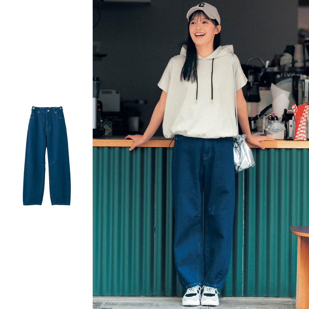 【STANDARD me】サイドベルトデザインバレルレッグデニムパンツ(ウエスト調節可) 【子供ズボン】