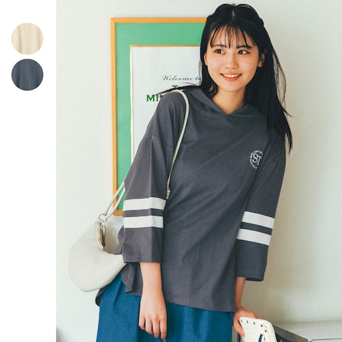 袖ラインワンポイント刺繍綿素材七分袖プルパーカ 【子供服】