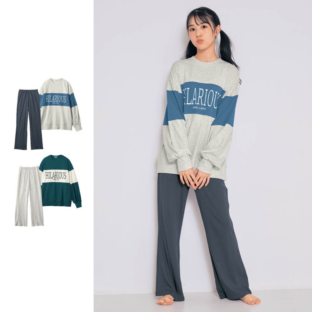 【パペル ラピス/Papel lapiz】配色切替えオーバーサイズ長袖Tシャツ & ゆるフレアパンツ綿素材パジャマ 【子供パジャマ】