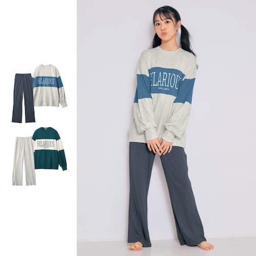 配色切替えオーバーサイズ長袖Ｔシャツ＆ゆるフレアパンツ綿素材パジャマ 【子供パジャマ】