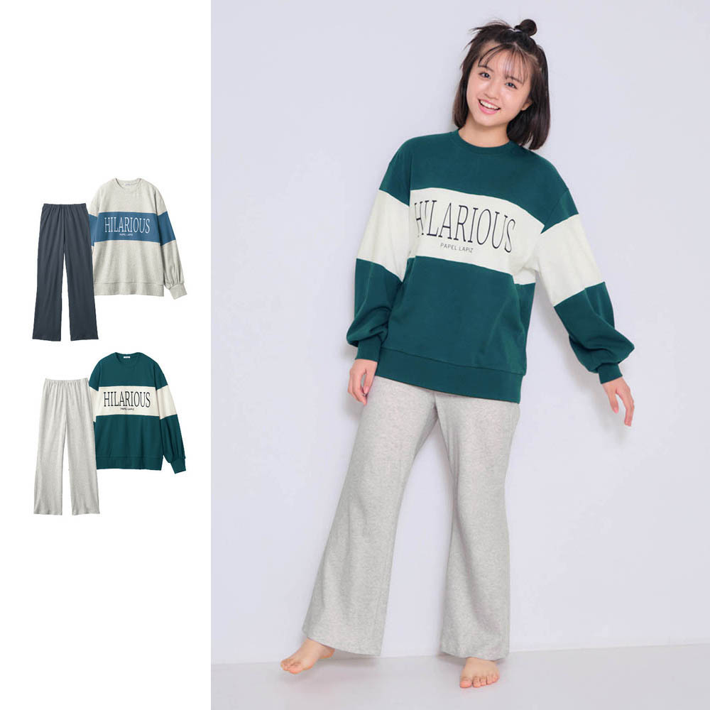 【パペル ラピス/Papel lapiz】配色切替えオーバーサイズ長袖Tシャツ & ゆるフレアパンツ綿素材パジャマ 【子供パジャマ】 【パペル ラピス/Papel lapiz】配色切替えオーバーサイズ長袖Tシャツ & ゆるフレアパンツ綿素材パジャマ 【子供パジャマ】