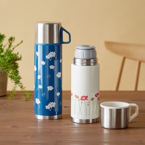 レトロなフラワーモチーフのコップ付ボトル＜350ml／500ml＞【保冷・保温】