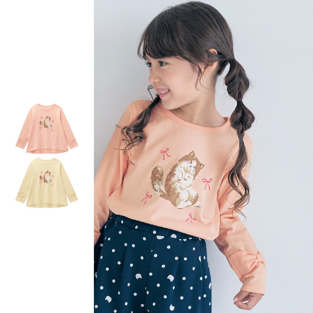 【ジータ/GITA】袖リボンモチーフネコプリントAライン長袖Tシャツ 【子供服】