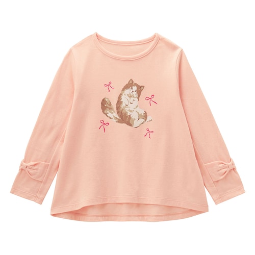 袖リボンモチーフネコプリントＡライン長袖Ｔシャツ 【子供服】