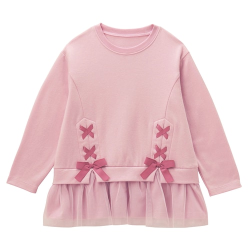 レースアップデザイン裾チュール長袖チュニック 【子供服】
