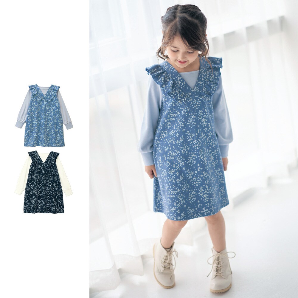 【ジータ/GITA】肩フリル花柄ジャンスカドッキングワンピース 【子供服 長袖】