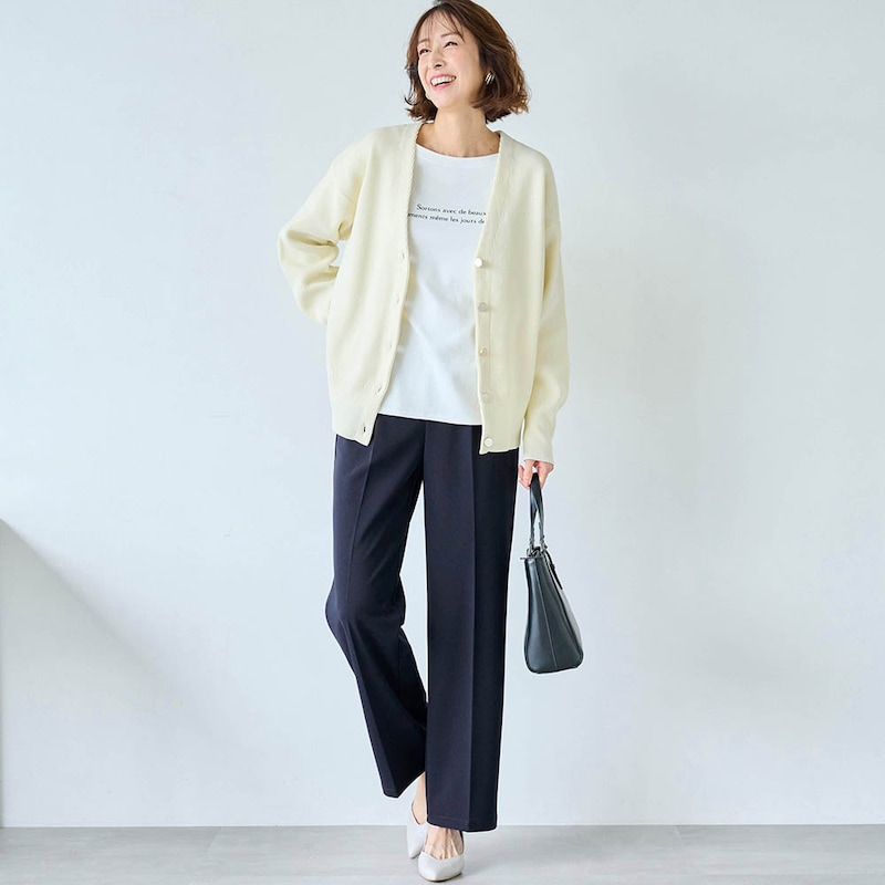 モデル身長169cm／M ※写真は撮影用のため股下＋6cmになります。ワイドパンツのみ着用